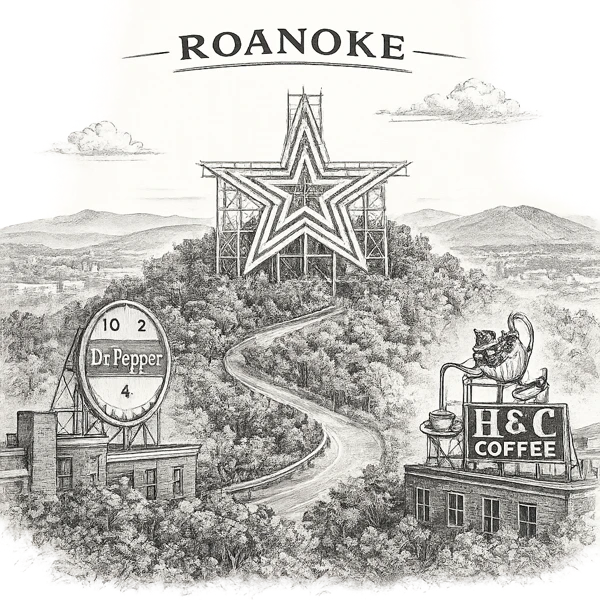 Illustrated Roanoke scene with the Mill Mountain Star, mountains, Dr Pepper clock, and H and C Coffee sign