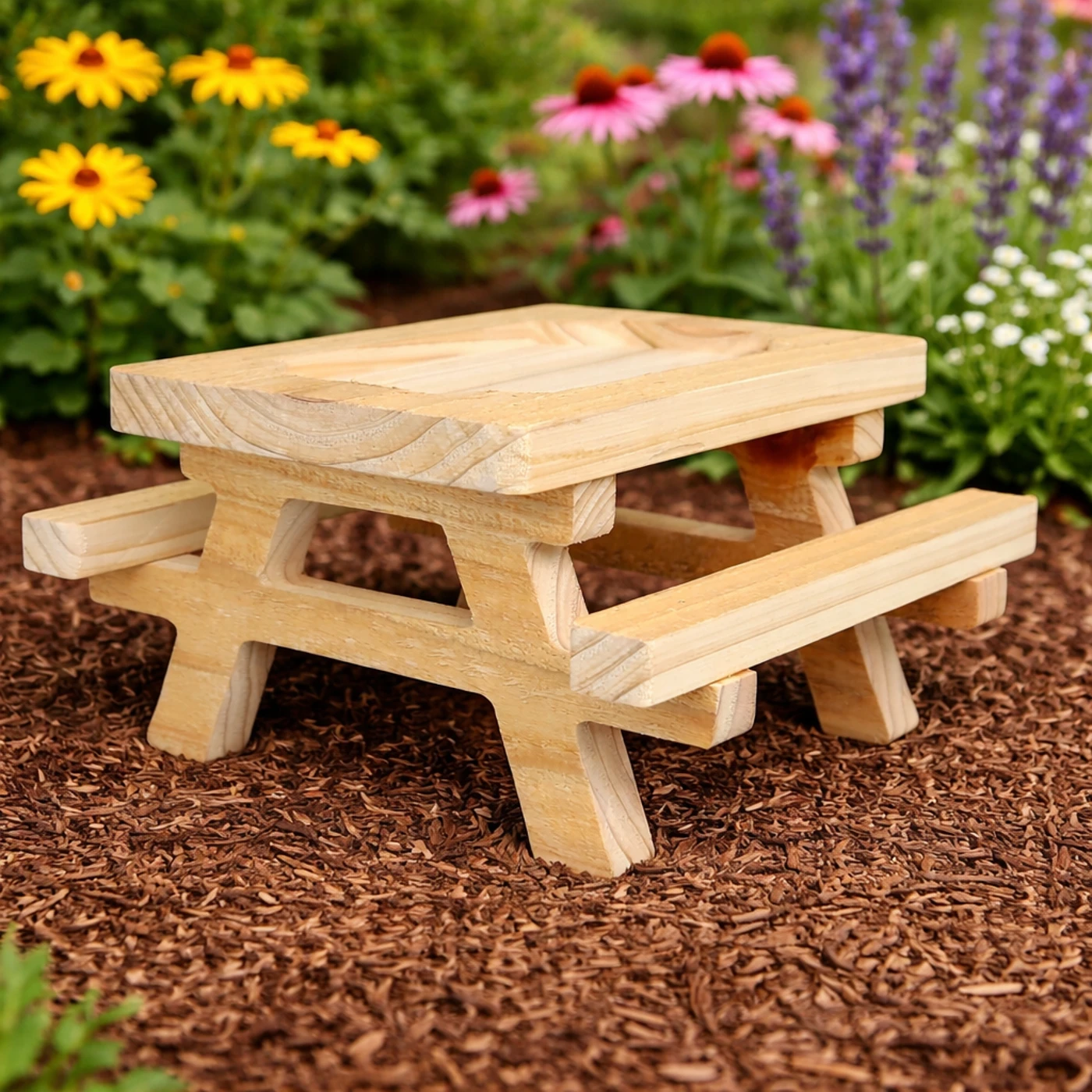 Cedar picnic table bird feeder in a garden