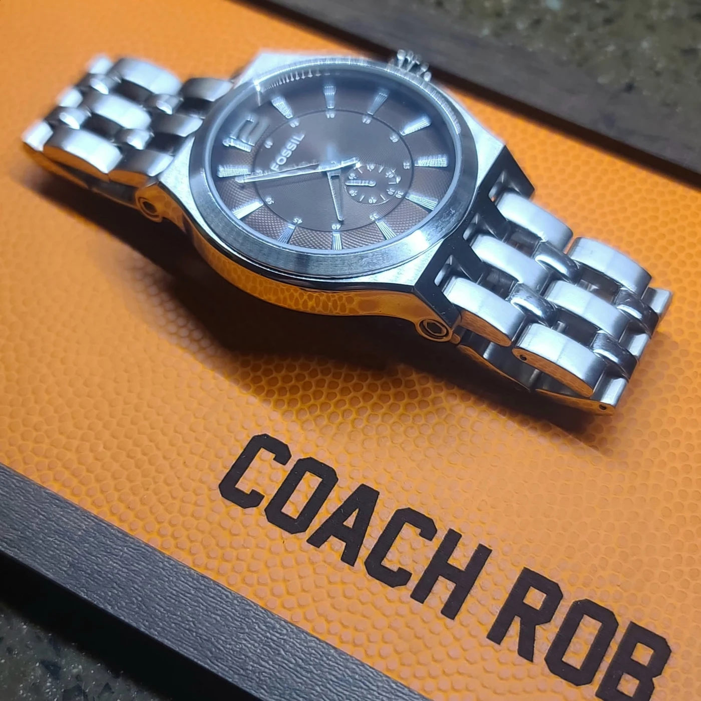 Personalized Coach Rob watch tray with a wristwatch
