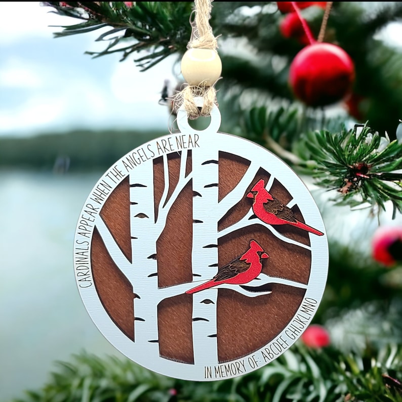 Wooden cardinal memorial ornament with red cardinals and remembrance message